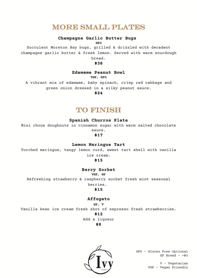 Menu, IVY Piano Bar