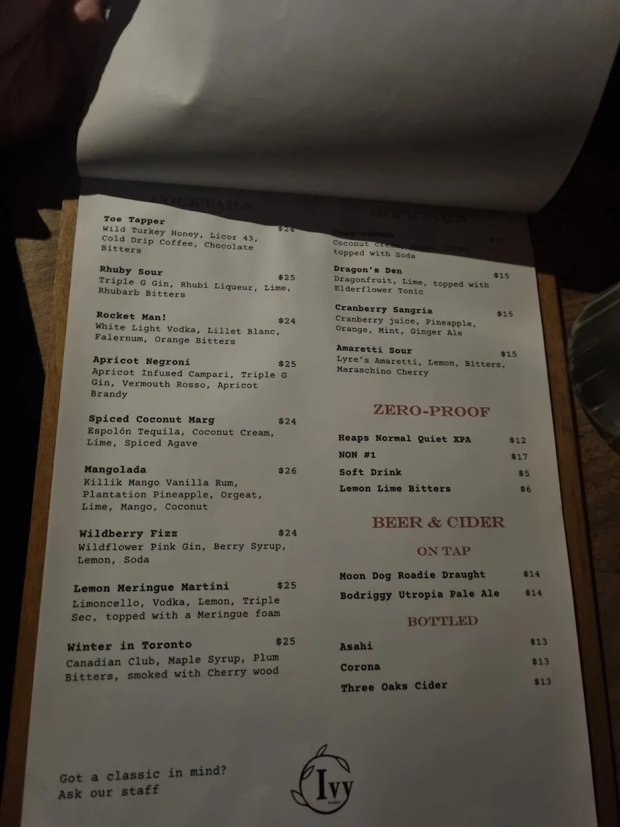 Menu, IVY Piano Bar