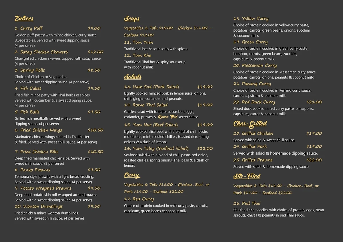 Menu, Romo Thai