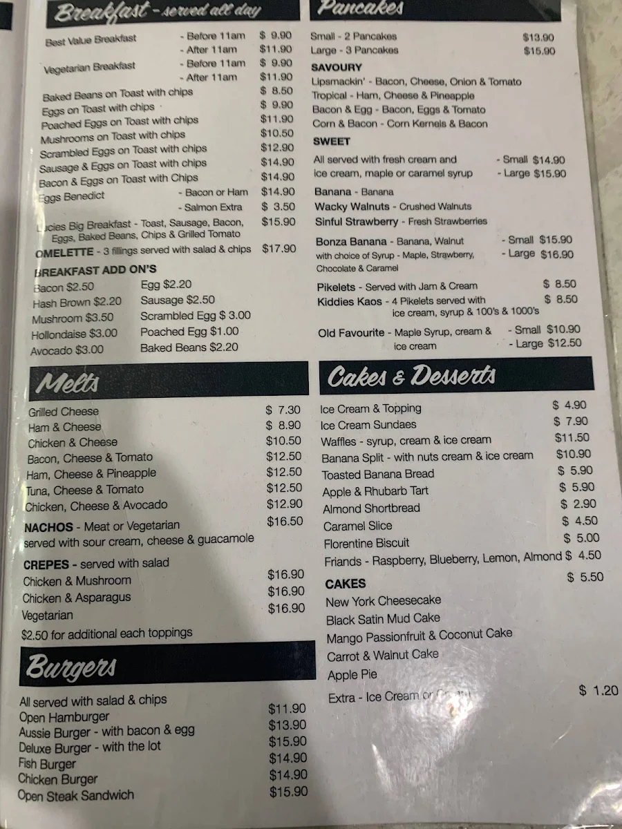 Menu, Lucie's Cafe