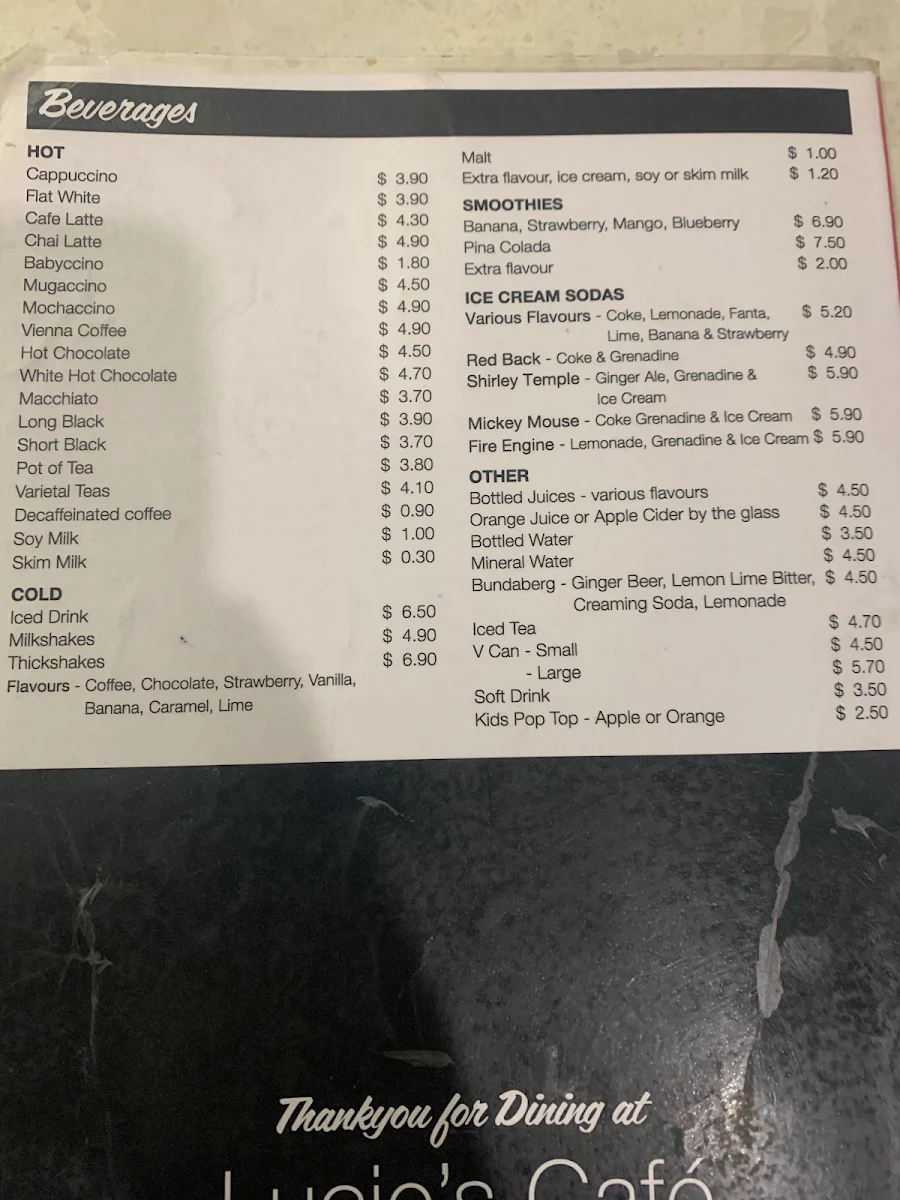 Menu, Lucie's Cafe