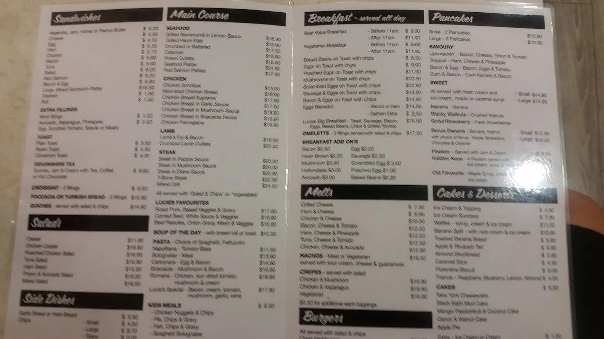 Menu, Lucie's Cafe