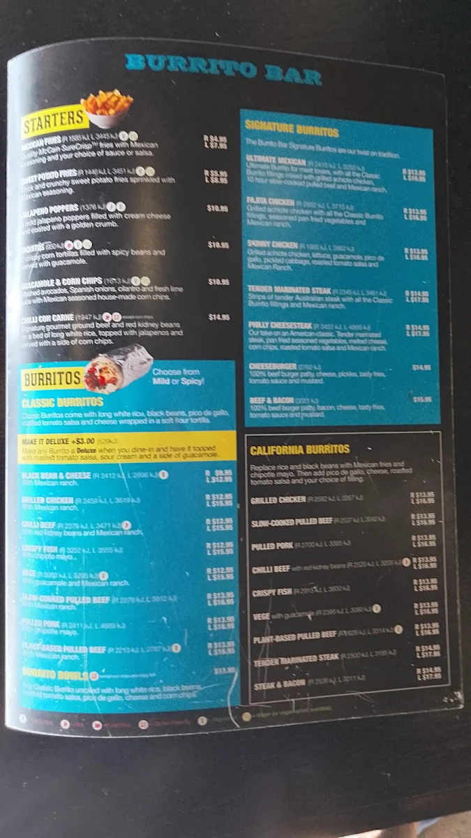 Menu, Burrito Bar Townsville