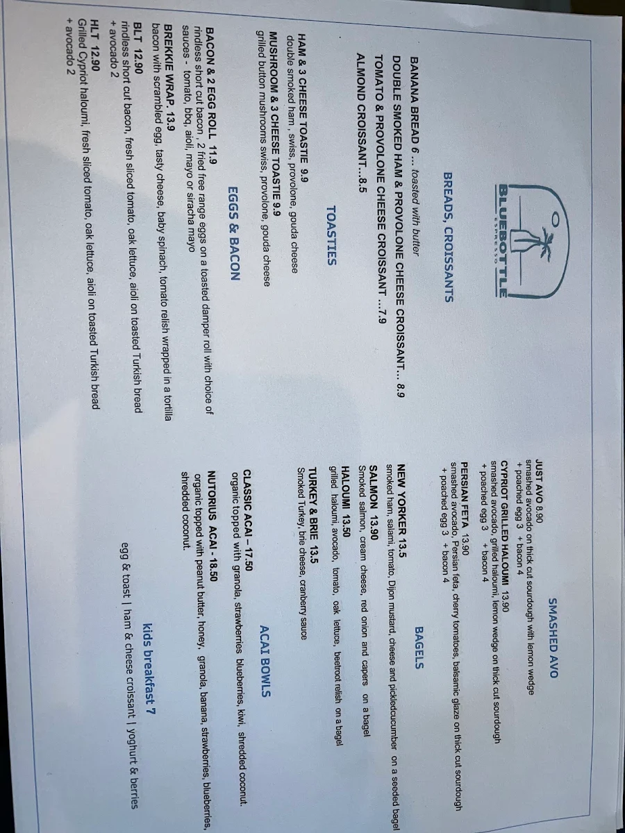 Menu, Bluebottle Espresso
