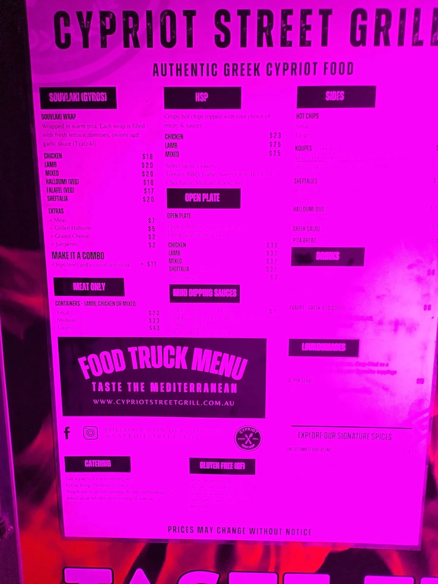 Menu, Cypriot Street Grill