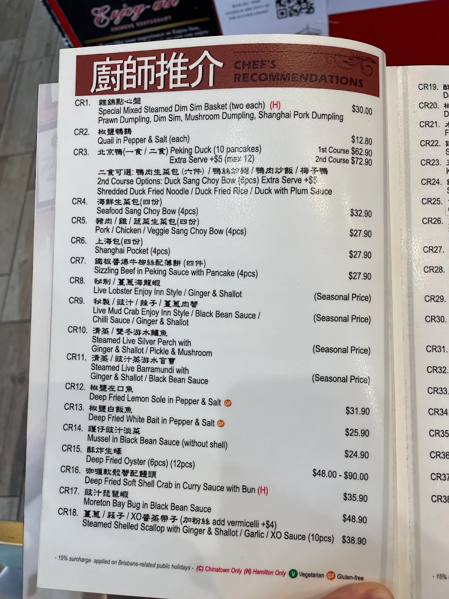 Menu, Enjoy Inn Chinatown