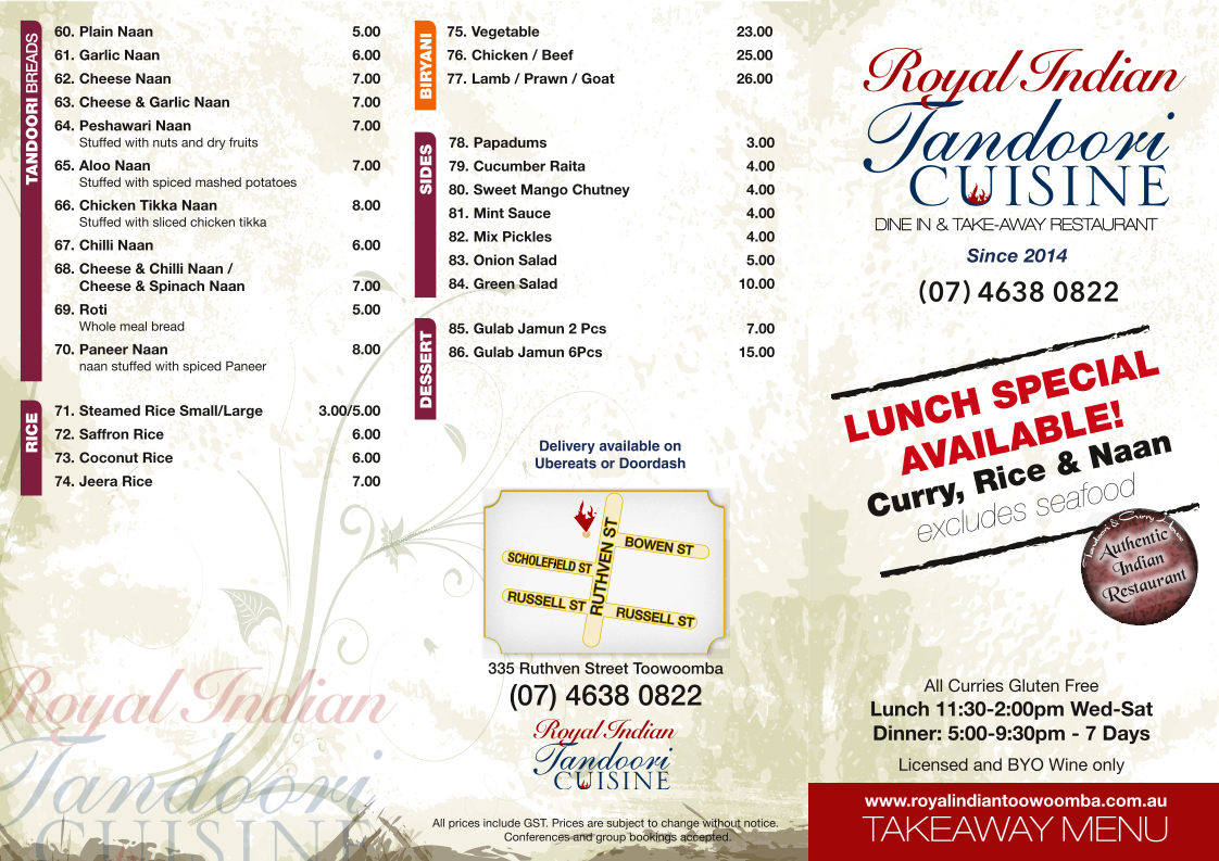 Menu, Royal Indian Tandoori Cuisine
