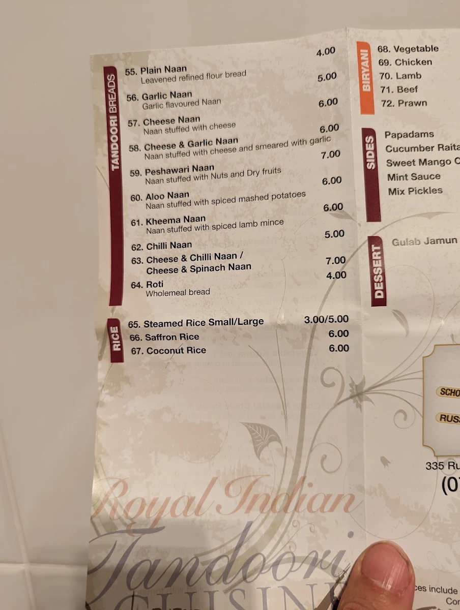 Menu, Royal Indian Tandoori Cuisine