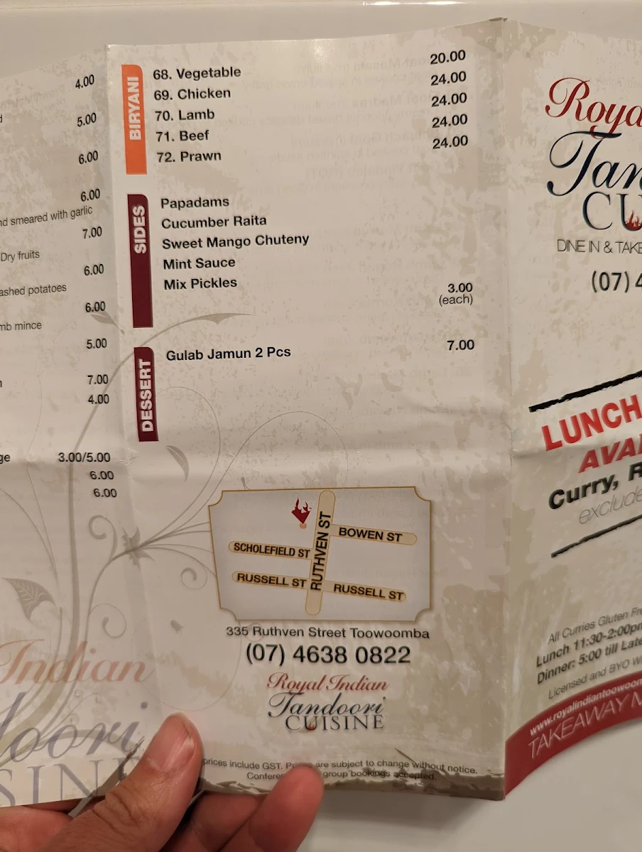 Menu, Royal Indian Tandoori Cuisine