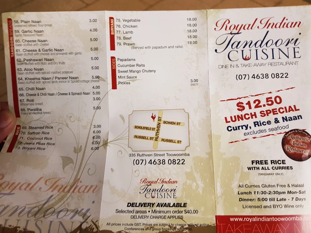 Menu, Royal Indian Tandoori Cuisine