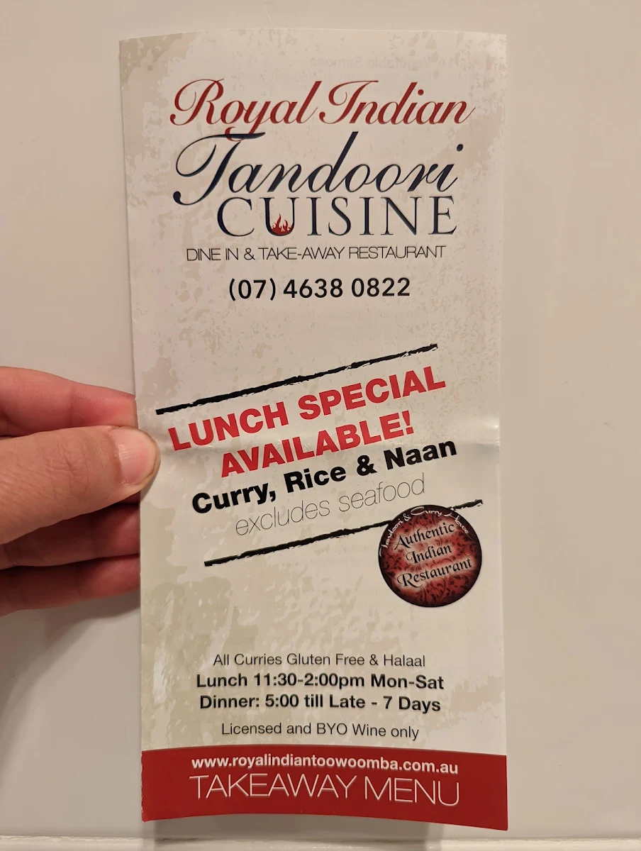 Menu, Royal Indian Tandoori Cuisine