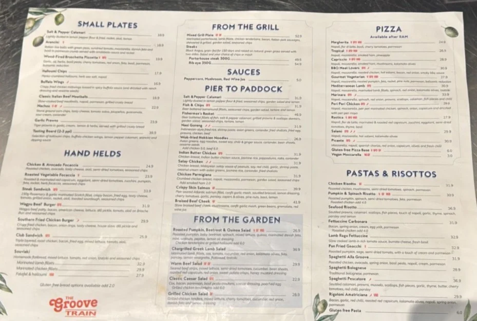 Menu, The Groove Train Eastland(Ringwood)