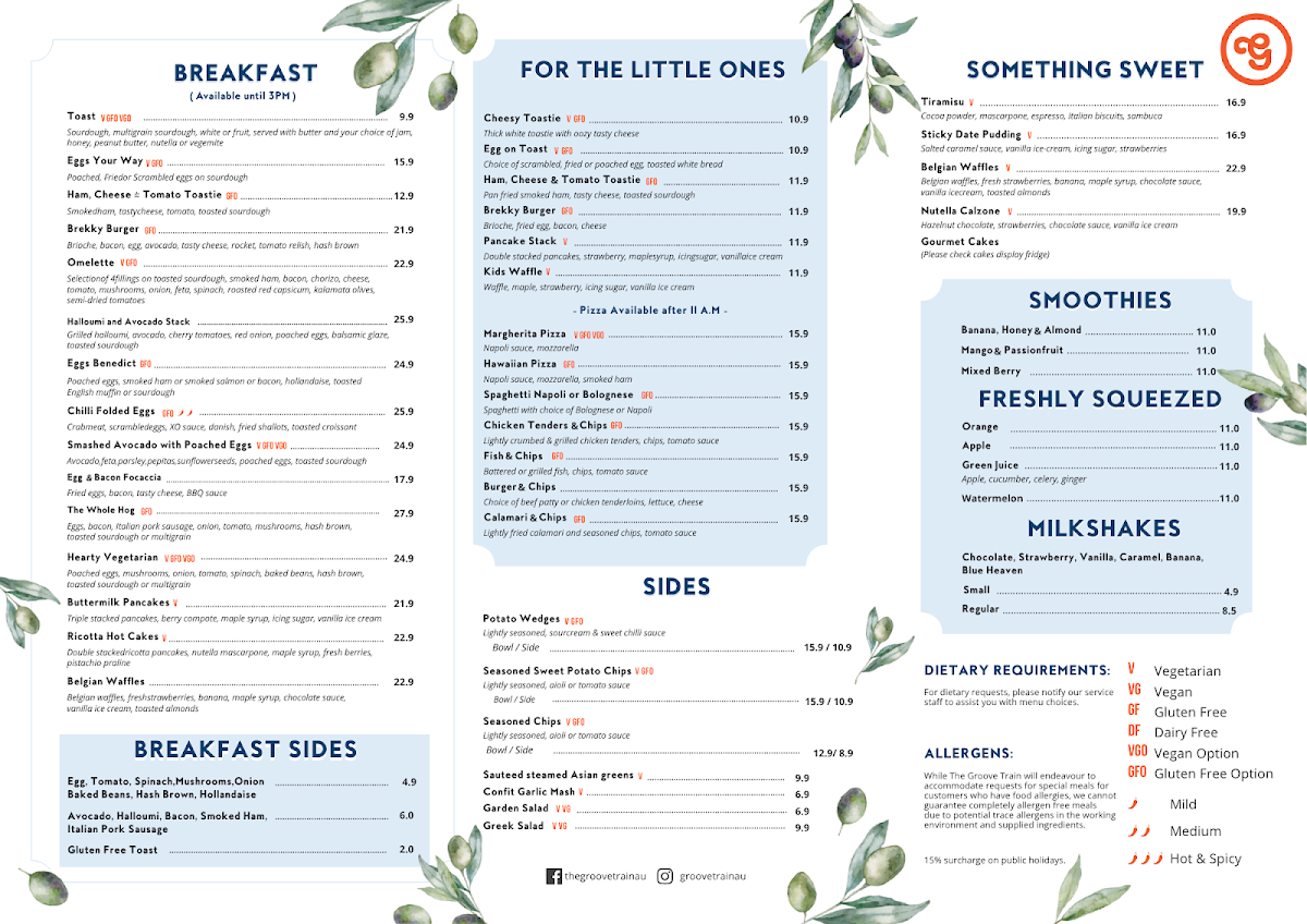 Menu, The Groove Train Eastland(Ringwood)