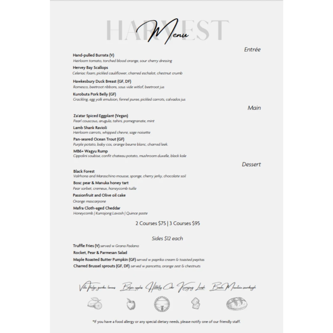 Menu, Harvest Restaurant