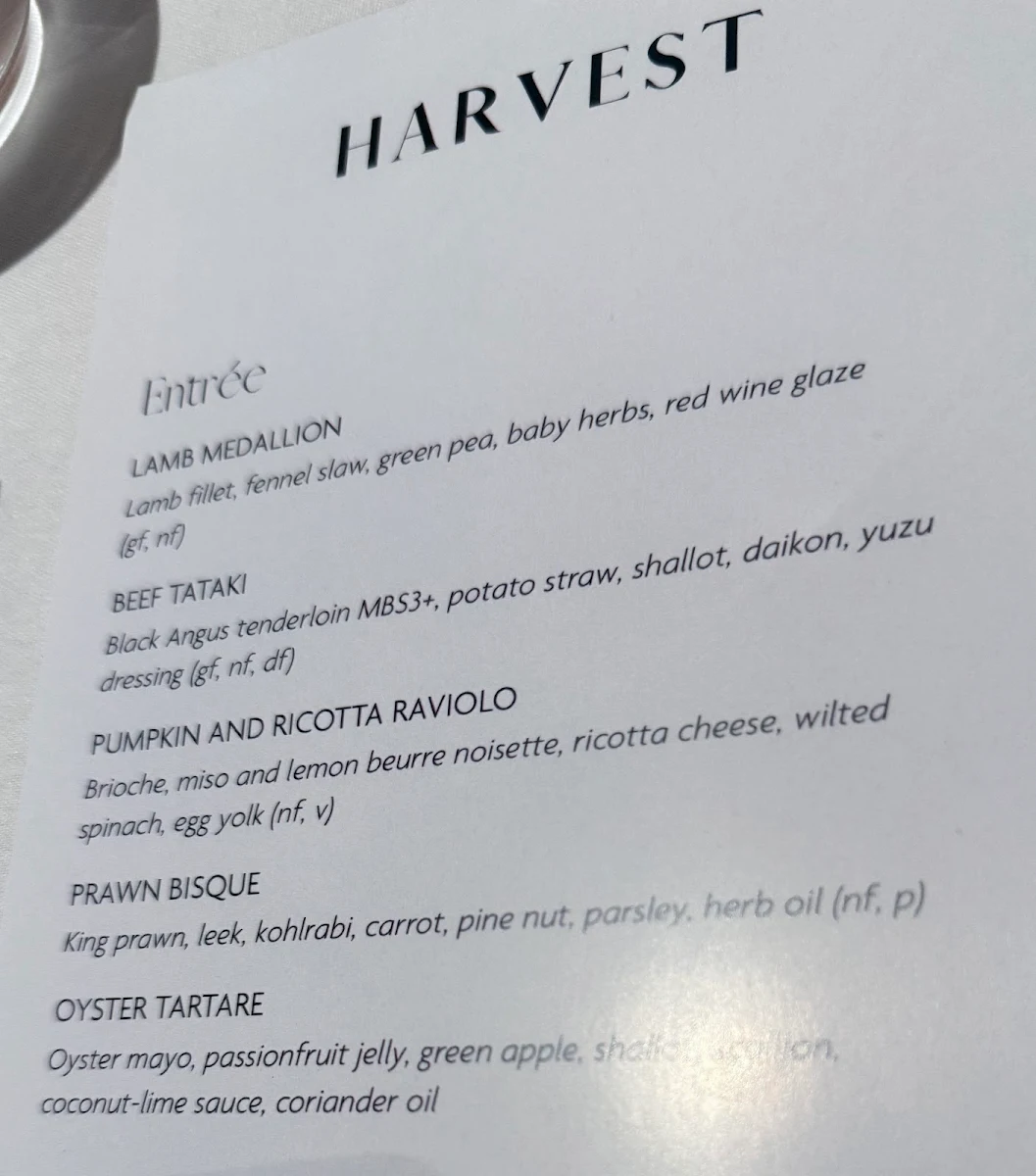 Menu, Harvest Restaurant