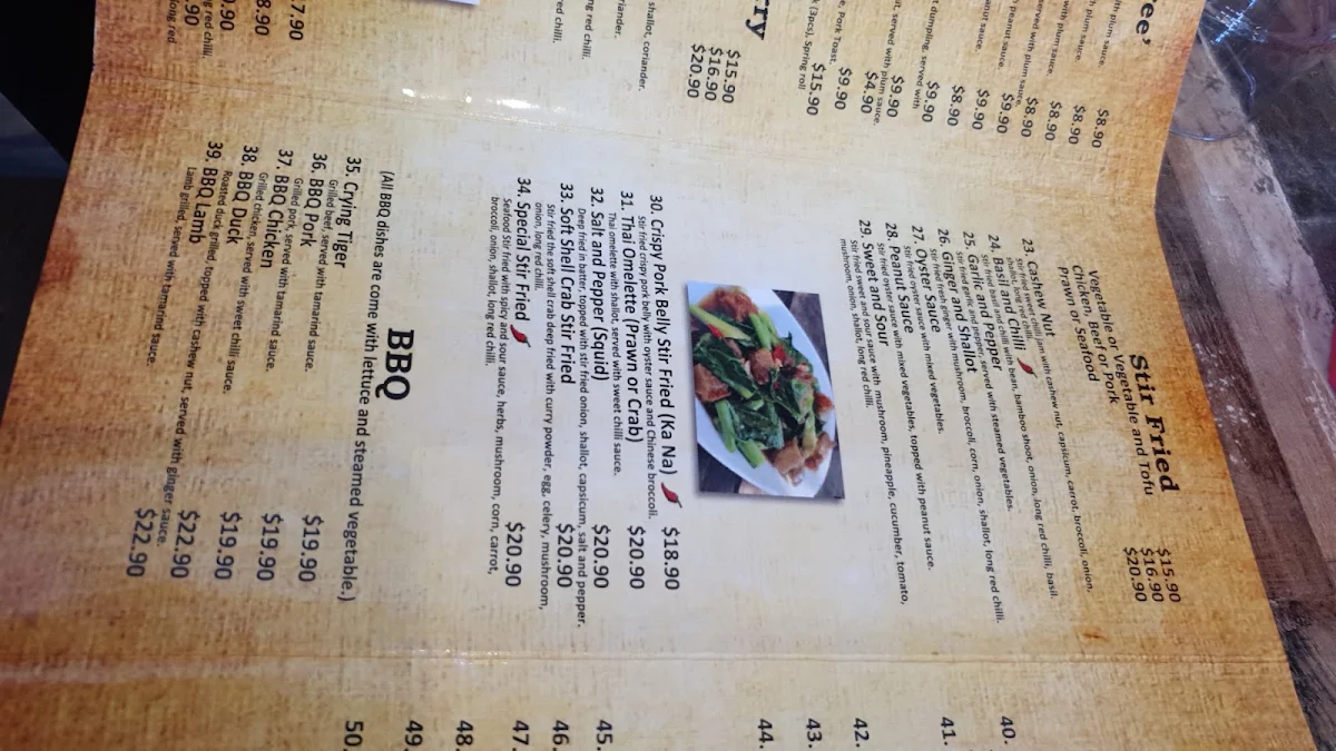 Menu, Prik Thai Restaurant