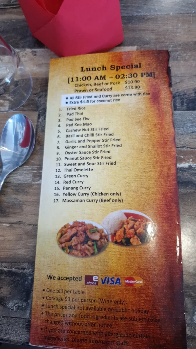 Menu, Prik Thai Restaurant