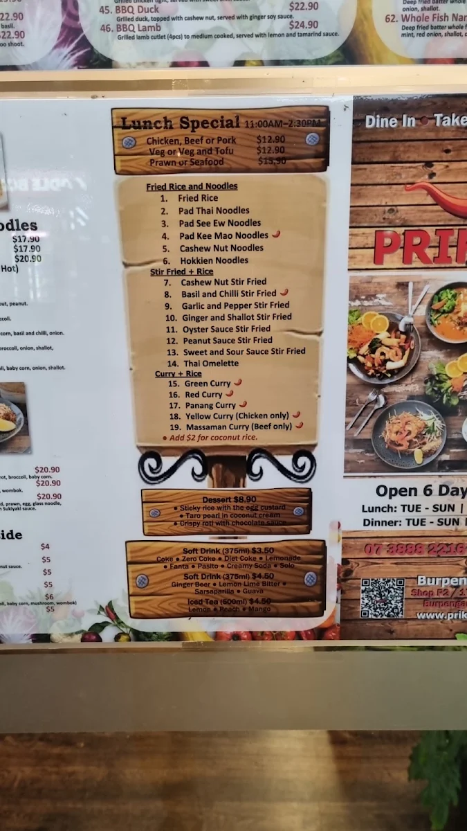 Menu, Prik Thai Restaurant