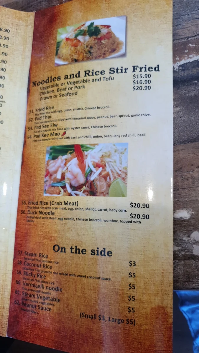 Menu, Prik Thai Restaurant