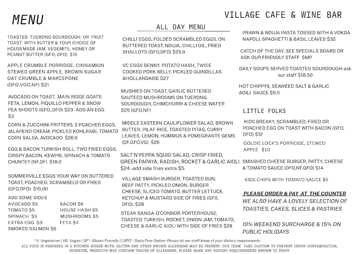 Menu, Village Cafe & Wine Bar Flinders