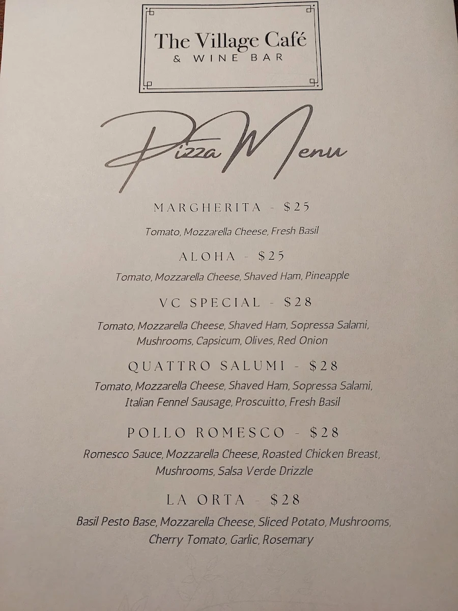 Menu, Village Cafe & Wine Bar Flinders