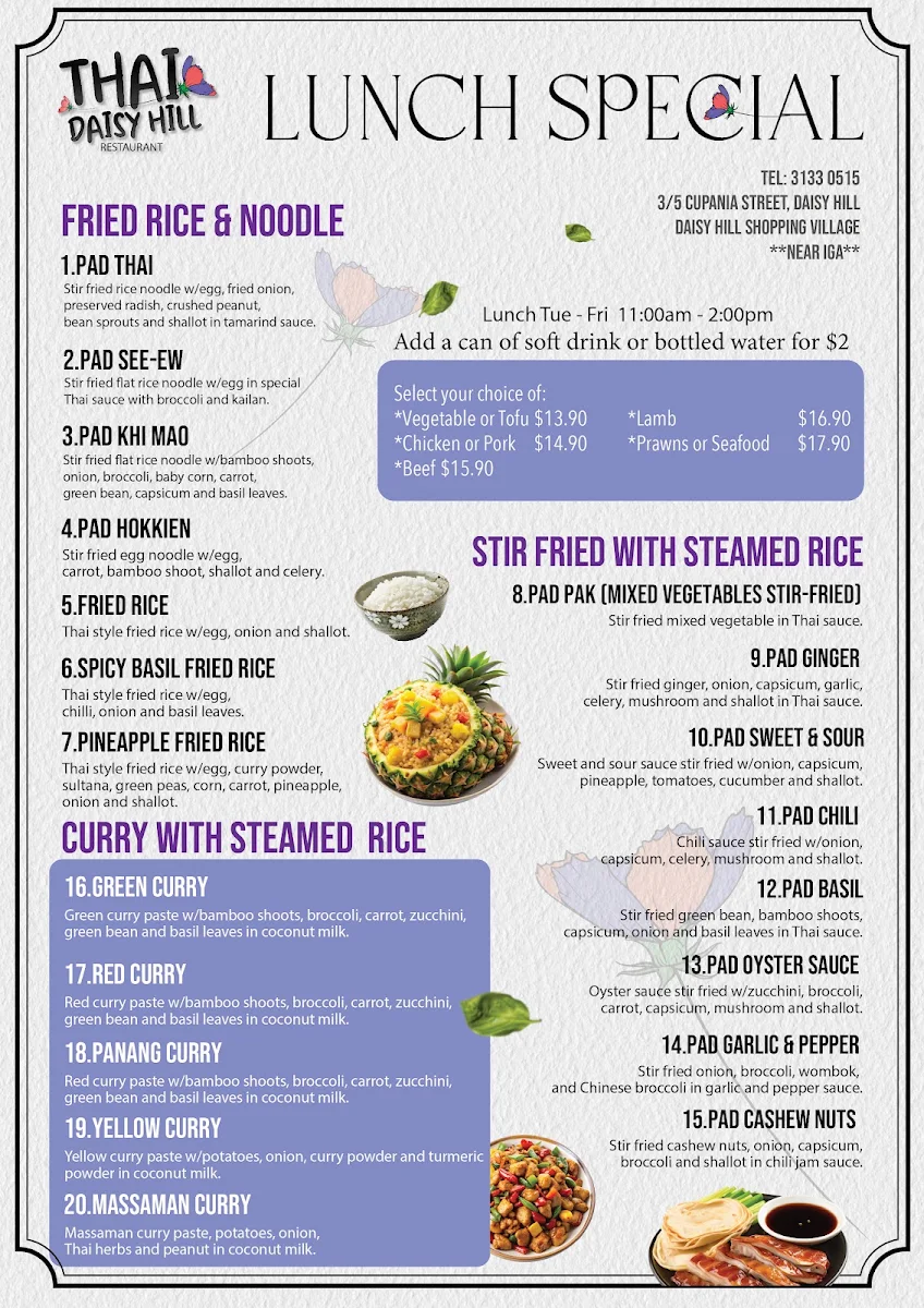 Menu, Thai Daisy Hill Restaurant