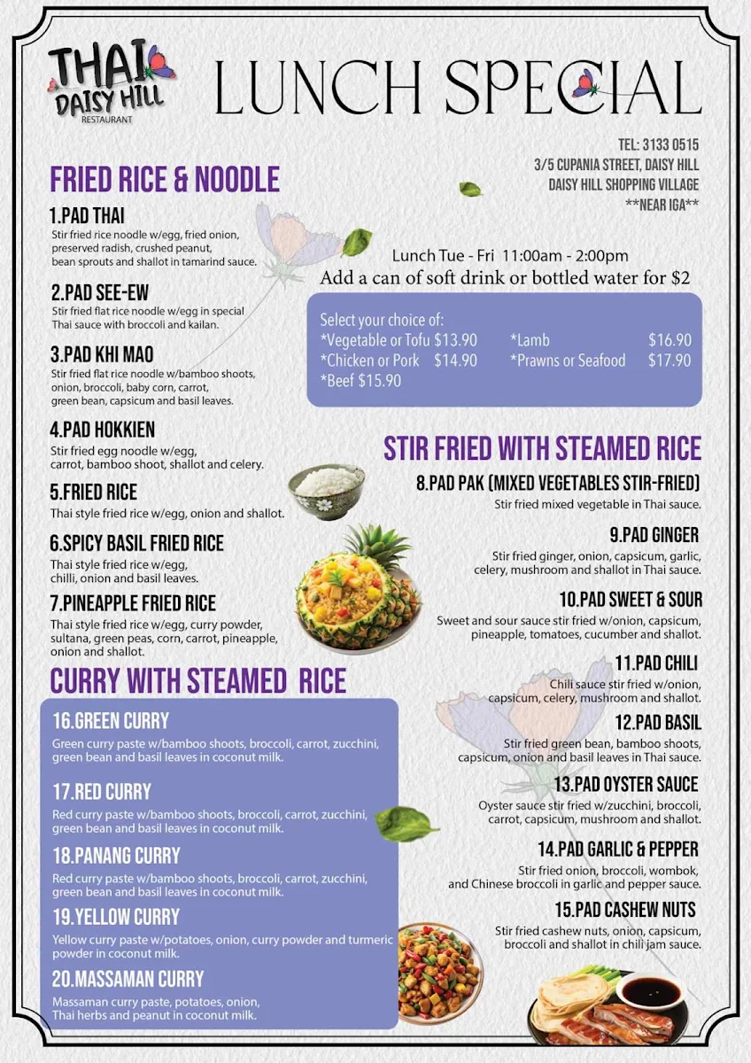 Menu, Thai Daisy Hill Restaurant