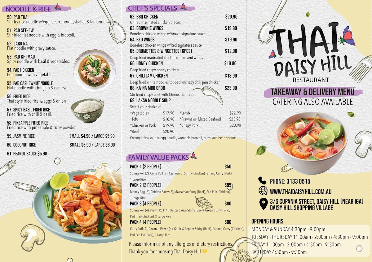 Menu, Thai Daisy Hill Restaurant