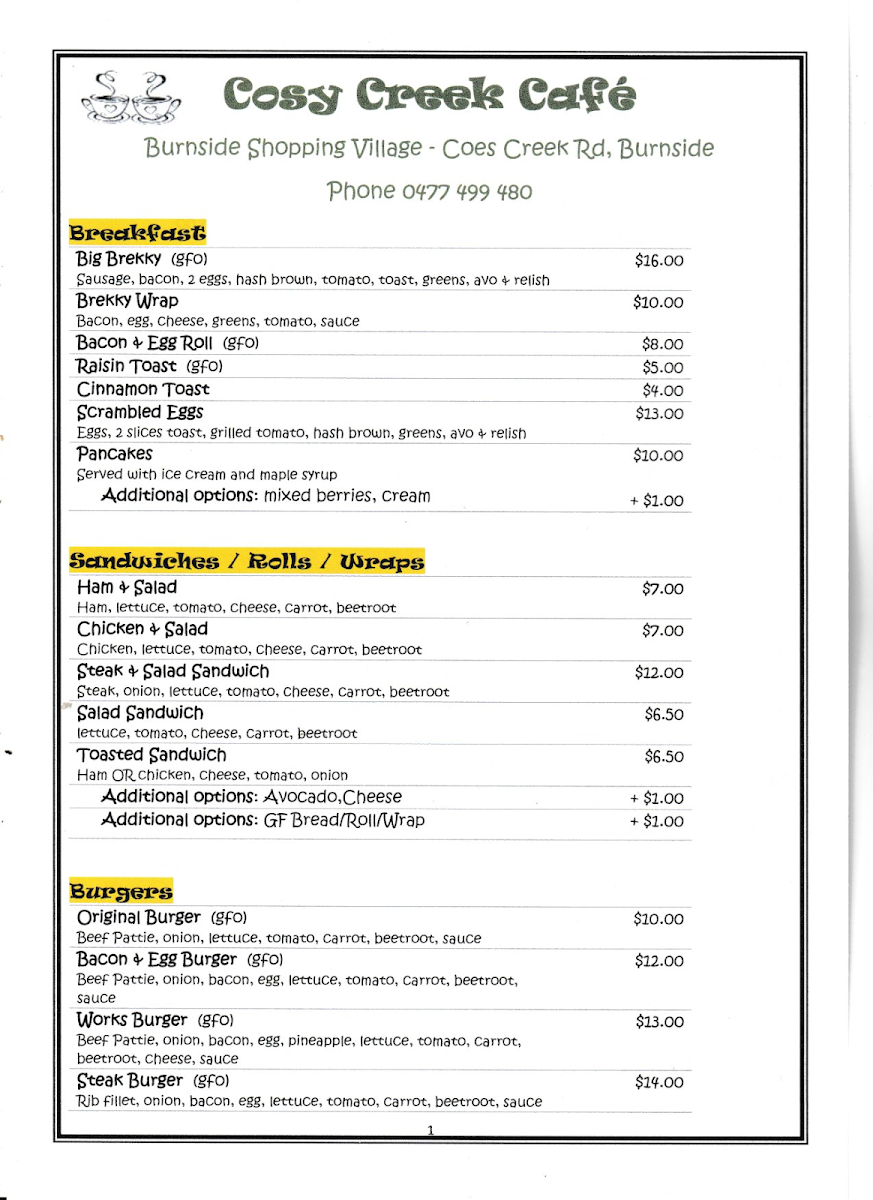 Menu, Cosy Creek Cafe