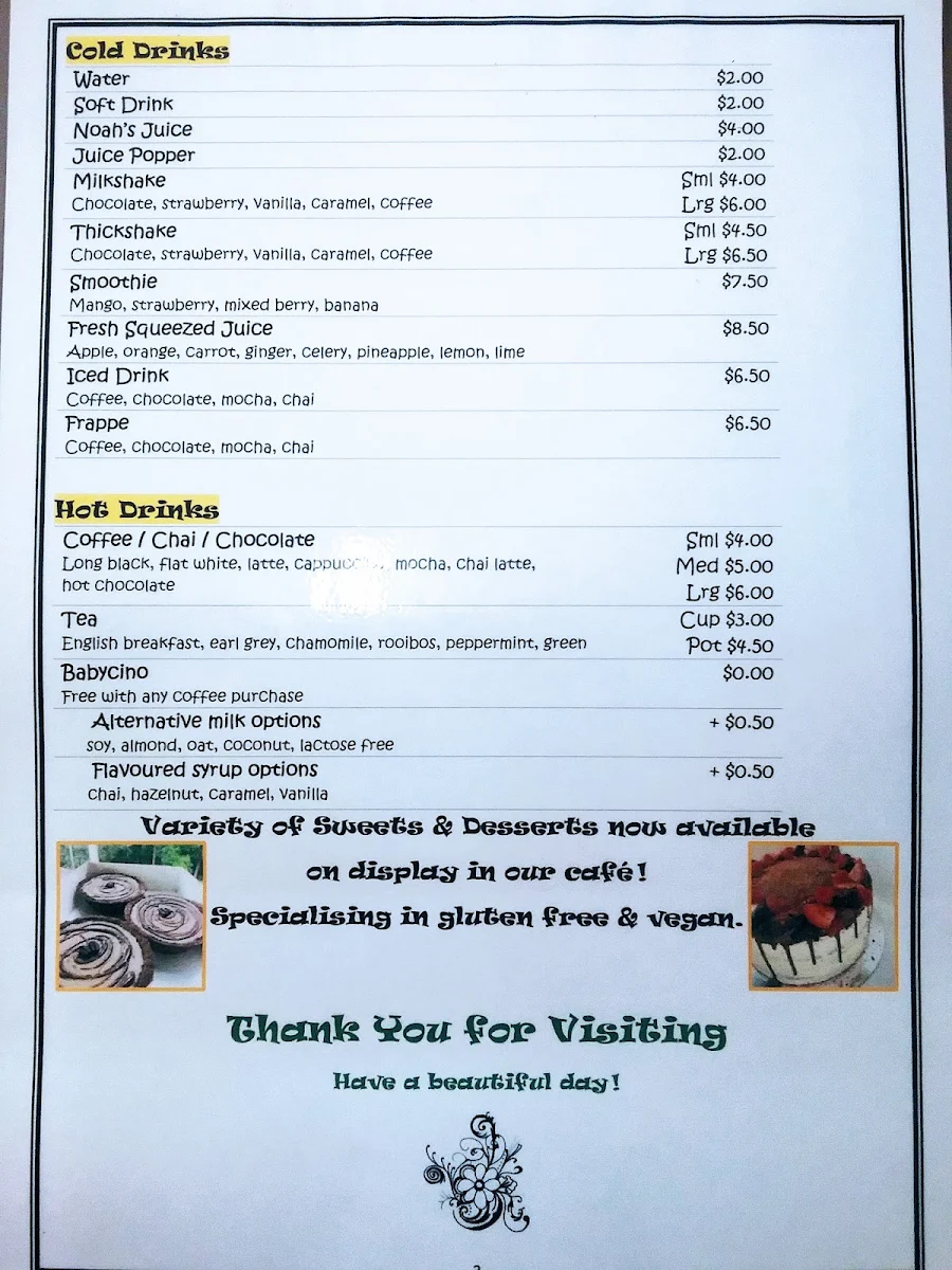 Menu, Cosy Creek Cafe