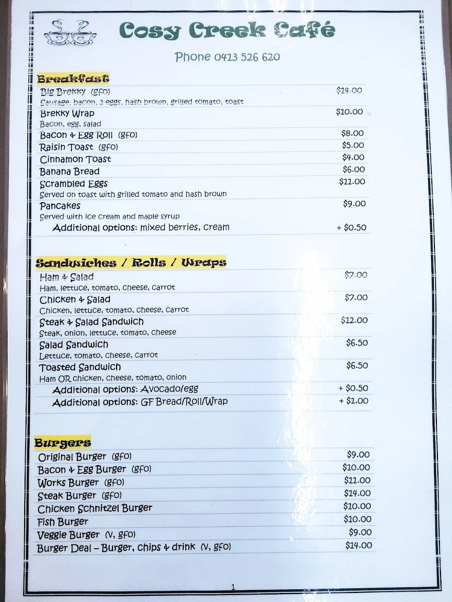 Menu, Cosy Creek Cafe