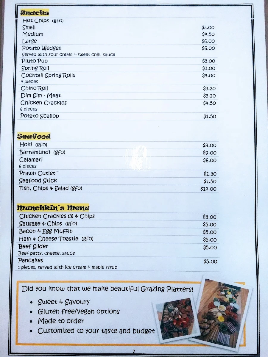 Menu, Cosy Creek Cafe