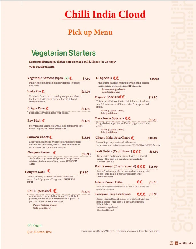 Menu, Chilli India Cloud Wyndham Vale
