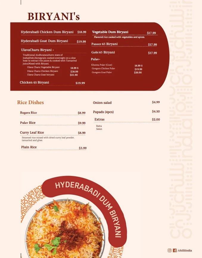 Menu, Chilli India Cloud Wyndham Vale