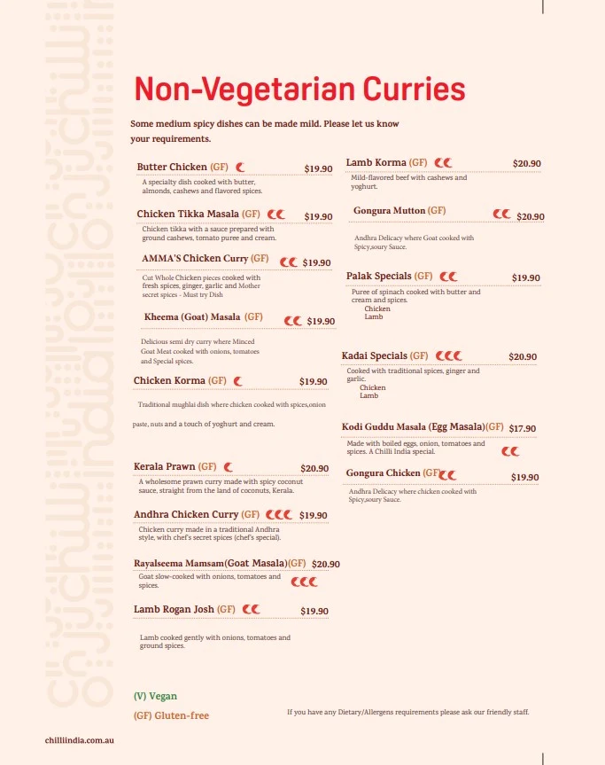 Menu, Chilli India Cloud Wyndham Vale
