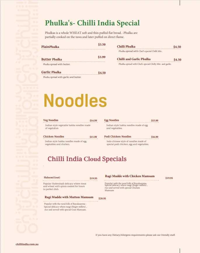 Menu, Chilli India Cloud Wyndham Vale