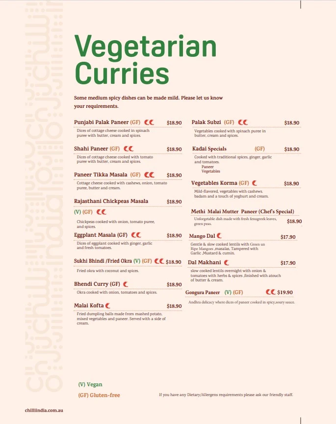 Menu, Chilli India Cloud Wyndham Vale