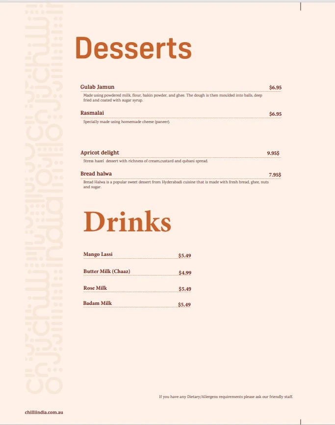 Menu, Chilli India Cloud Wyndham Vale