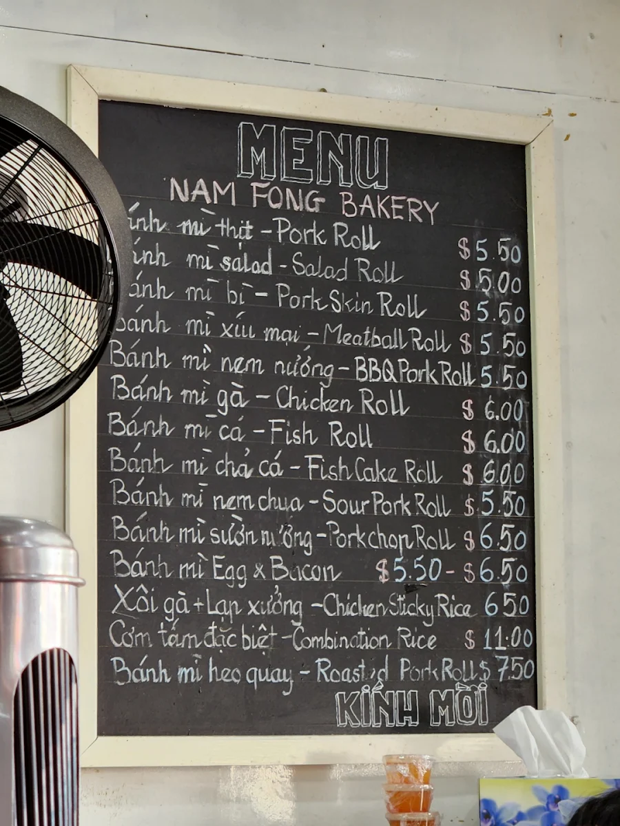 Menu, Nam Fong Hot Bread Bankstown