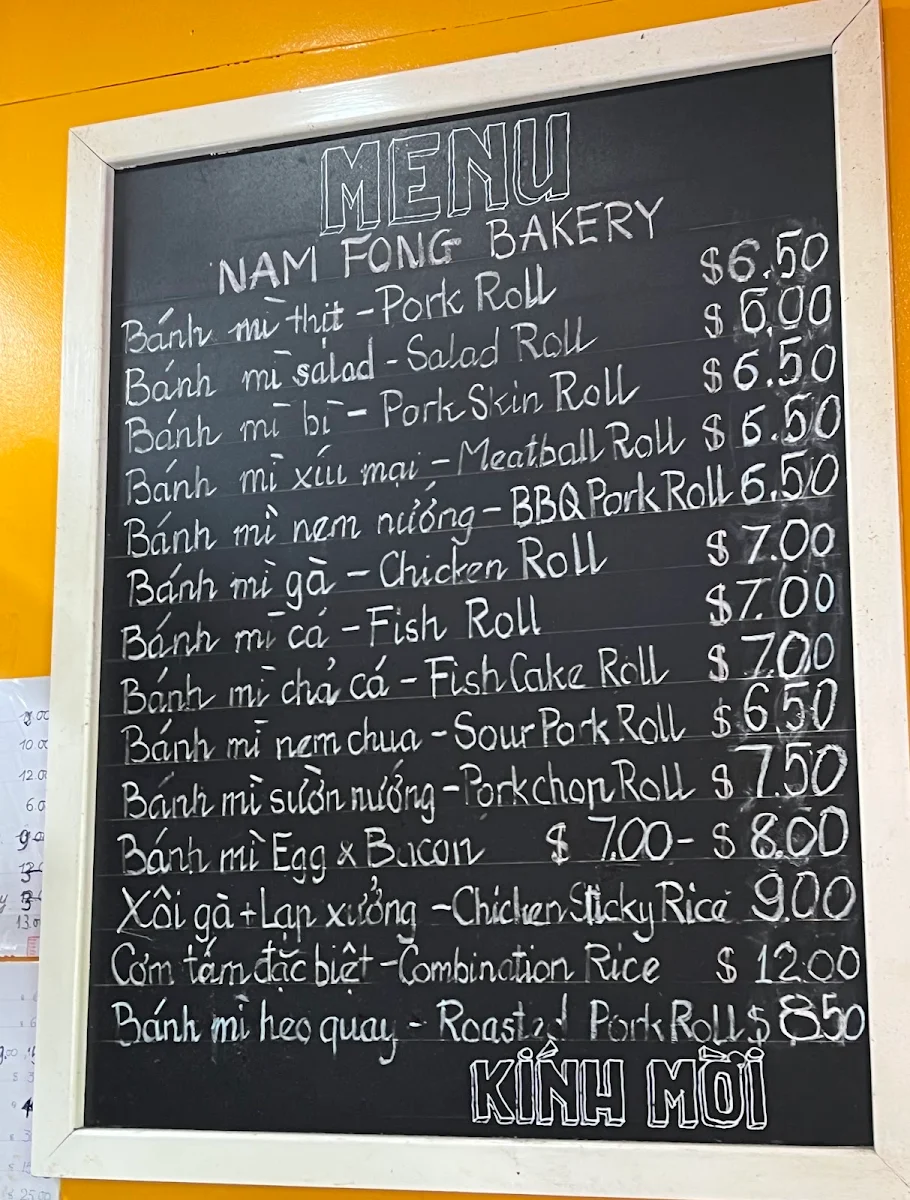 Menu, Nam Fong Hot Bread Bankstown