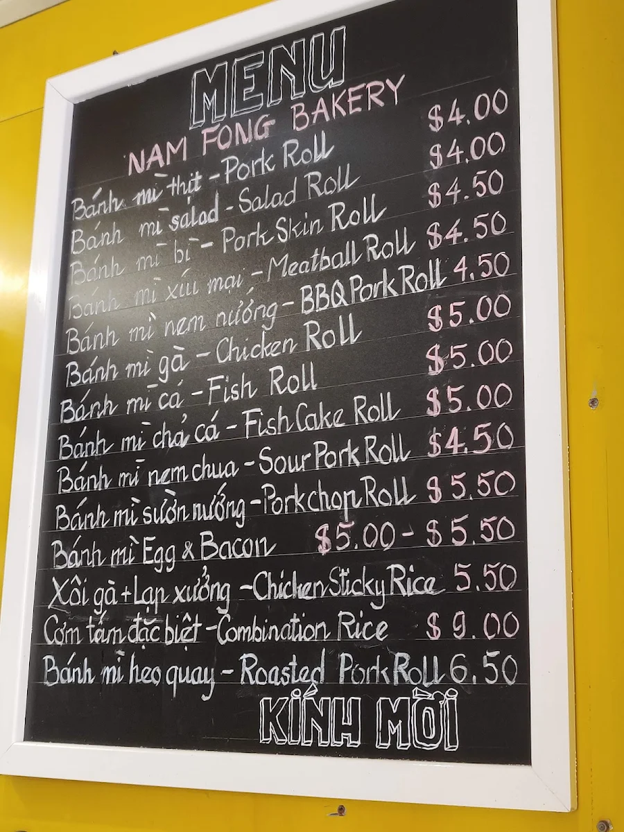 Menu, Nam Fong Hot Bread Bankstown