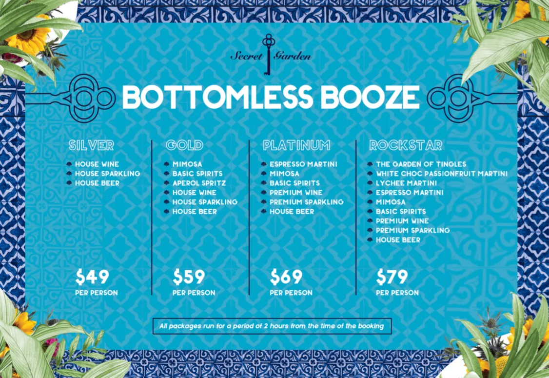 Menu, Secret Garden Bar