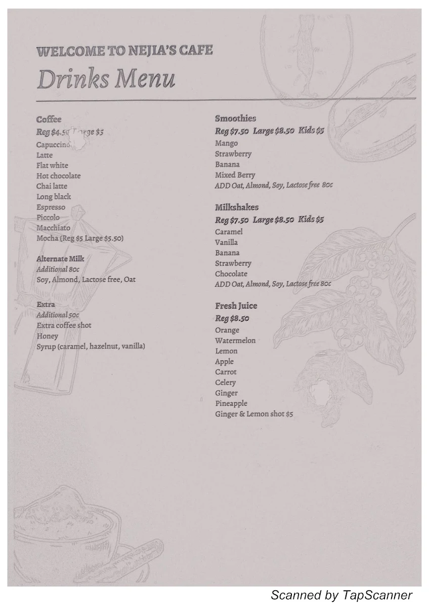 Menu, Nejia's Cafe