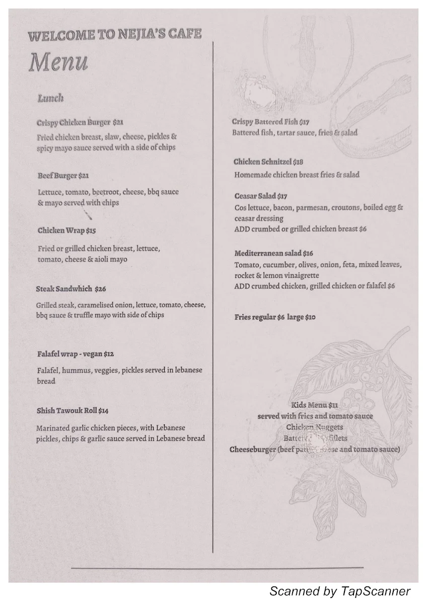 Menu, Nejia's Cafe