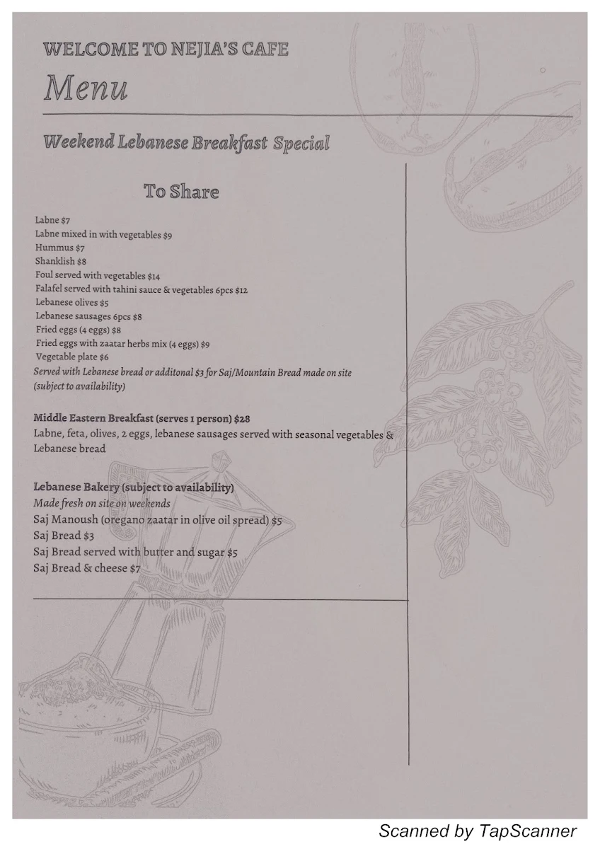 Menu, Nejia's Cafe