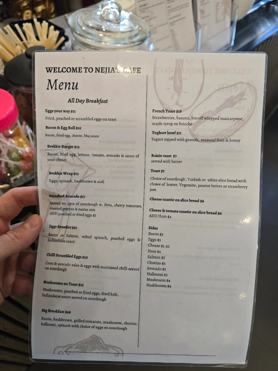 Menu, Nejia's Cafe