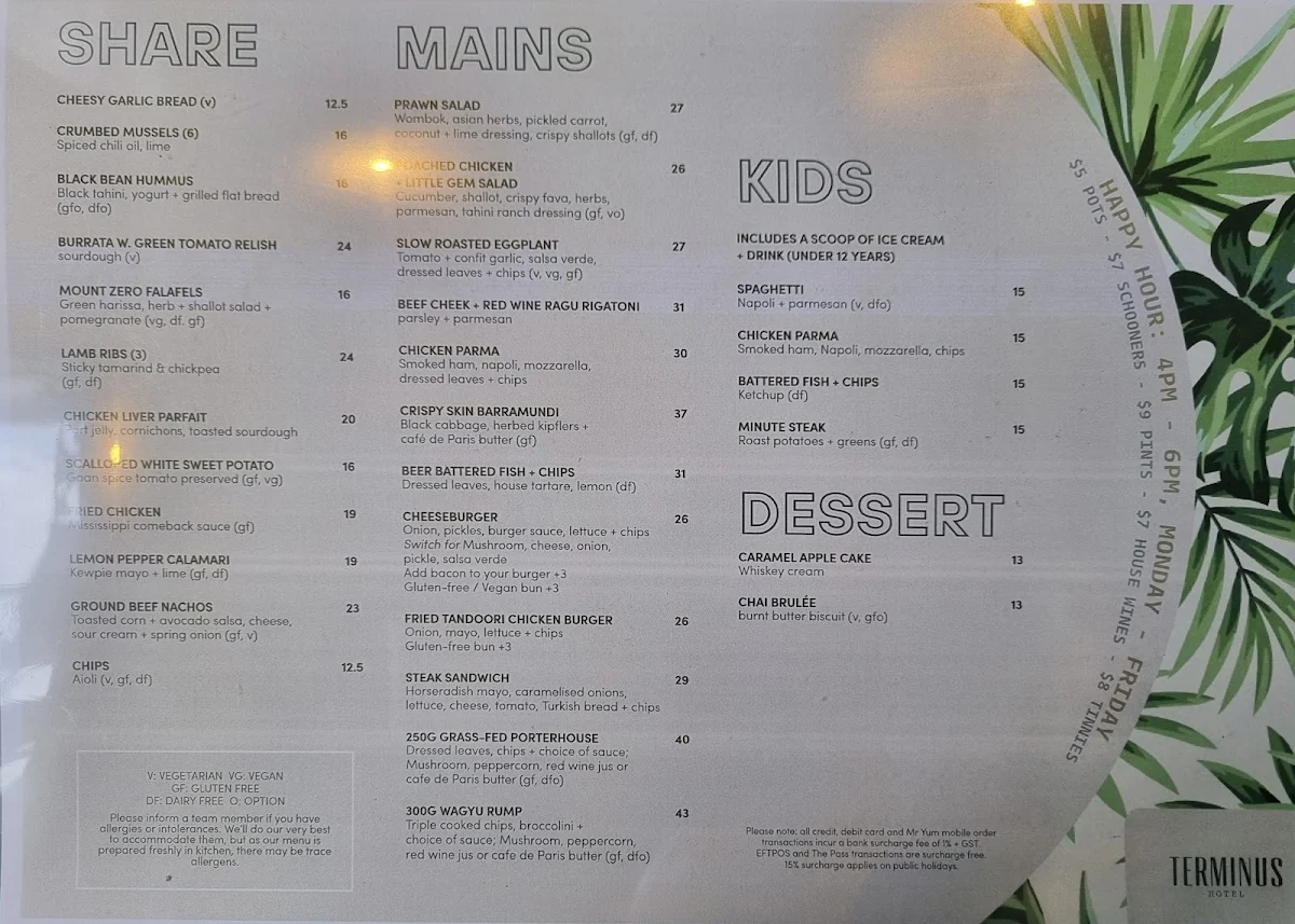 Menu, Terminus Hotel