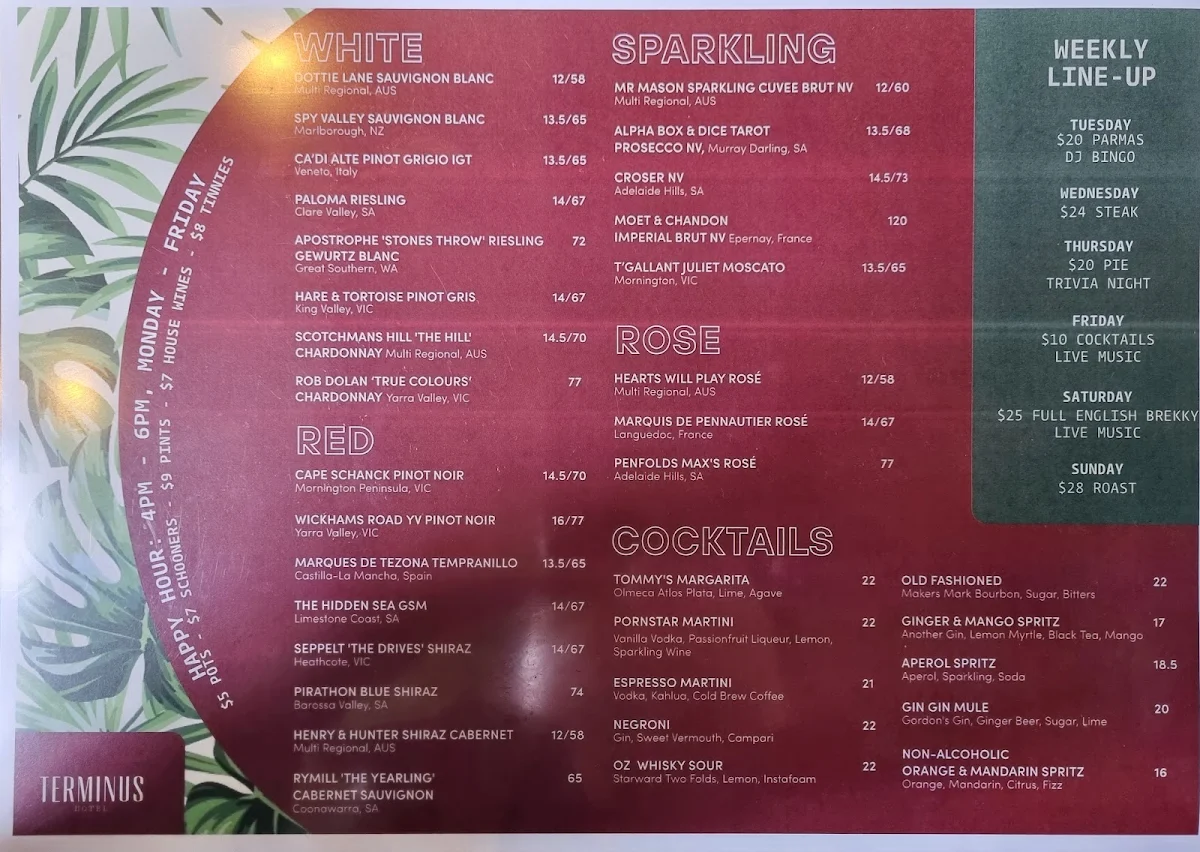 Menu, Terminus Hotel