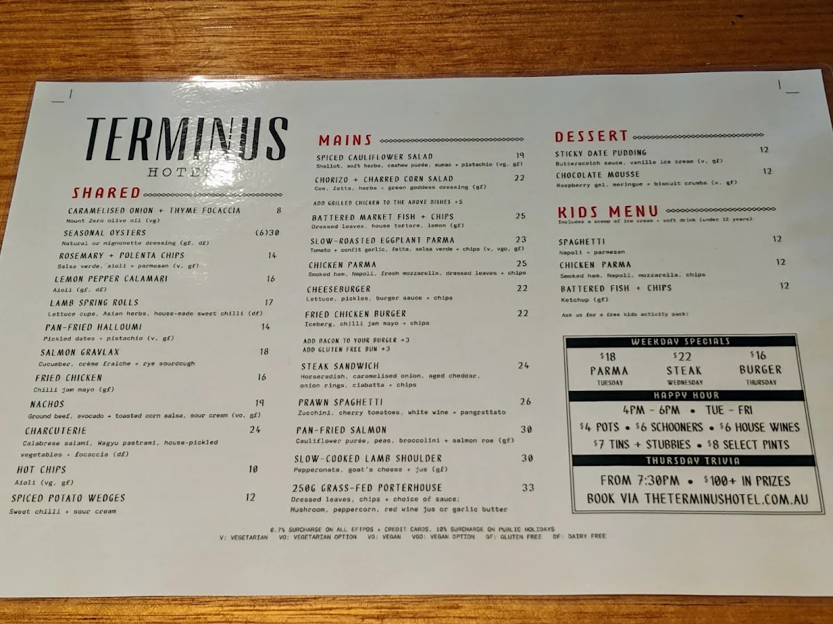 Menu, Terminus Hotel
