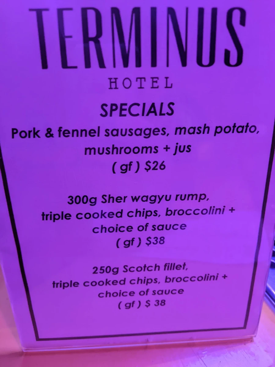 Menu, Terminus Hotel